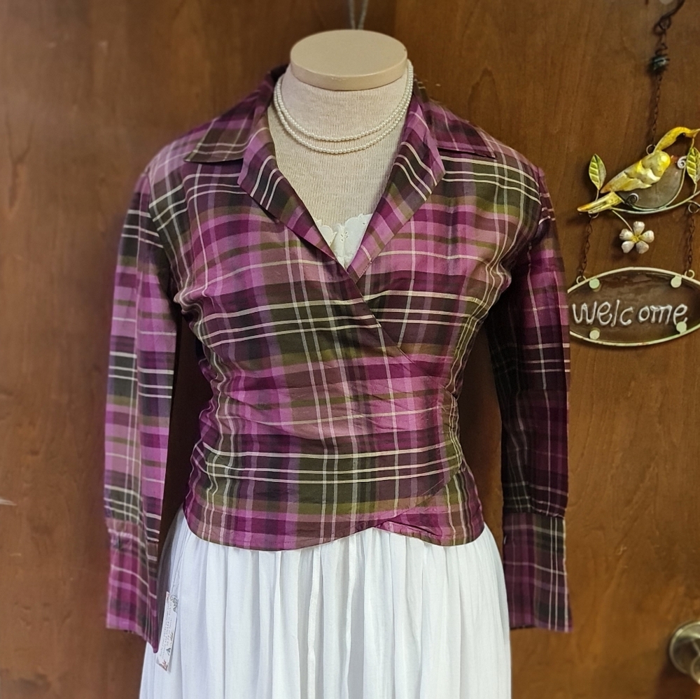 Ann Taylor Purple and Green Plaid  Silk Wrap Top size 6